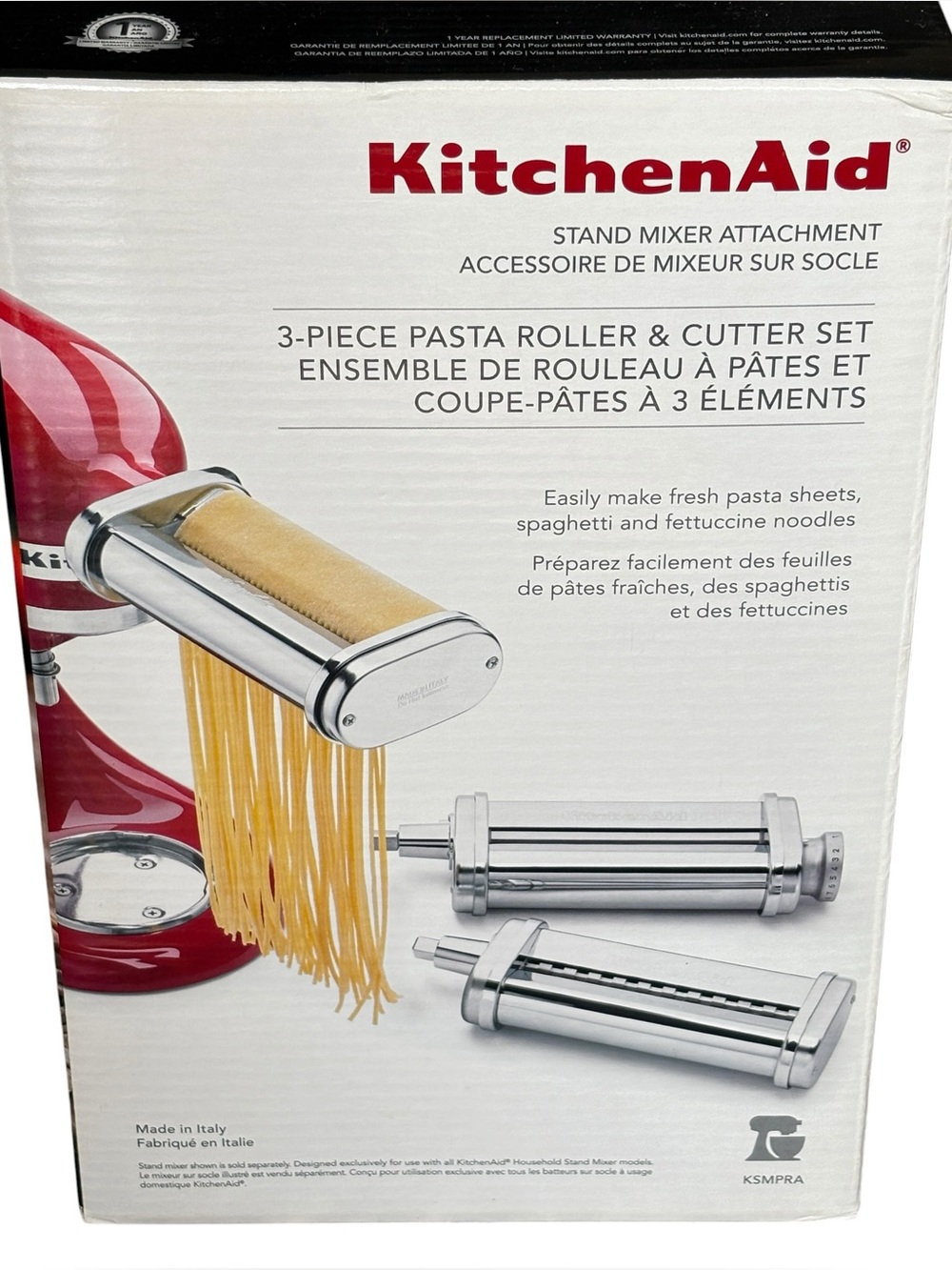 NEW Kitchen Aid 3-Piece Pasta Roller Cutter Set Commercial-Style Stainless Steel